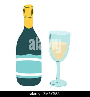 Eine Flasche Champagner mit einem Weinglas. Festliche Ikonen für Feier und Karneval. Stock Vektor
