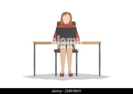 Frau, die am Tisch sitzt und an einem Laptop arbeitet. Vektordarstellung. Stock Vektor