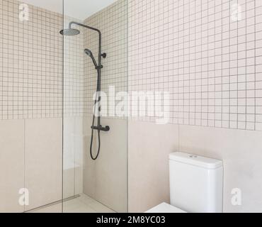 Kleines Bad mit weißer Toilette mit geschlossenem Deckel und eingeschlossenem Duschbereich mit durchsichtiger Glaswand. Wände aus beigefarbenen Fliesen verschiedener Art Stockfoto