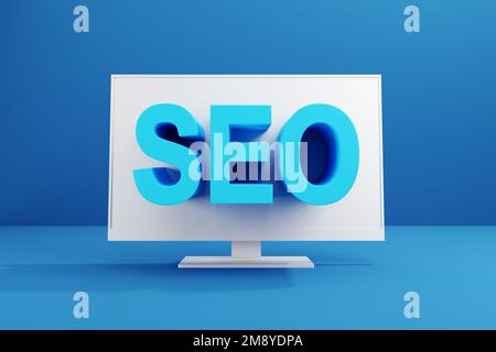 Konzept der Suchmaschinenoptimierung. Das Wort SEO, das auf dem pc-Bildschirm erscheint. 3D-Rendering. Stockfoto