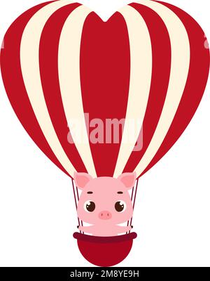 Süßes kleines Schwein fliegt im Heißluftballon. Zeichentrickfigur für Kinderkarten, Babyparty, Einladung, Poster, T-Shirt-Komposition, Intern. Haus Stock Vektor