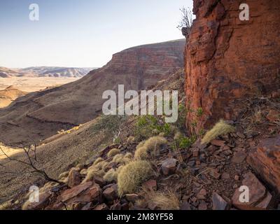 Die Klippen auf dem Gipfel der Schichthügel, Mt Bruce (Punurrunha), Karijini-Nationalpark, Westaustralien Stockfoto