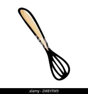 Doodle Whisk zum Kochen von Speisen. Handgezeichnete Corolla isoliert auf weißem Hintergrund. Farbküchen-Symbol. Gemütliches Utensil, Gerichte zum Rühren, kulinarische Akzente Stock Vektor