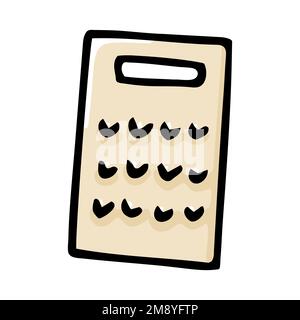 Bild: Doodle Grater. Von Hand gezogenes Zubehör zum Kochen von Reibbelägen, isoliert auf weißem Hintergrund. Farbutensilien für die Küche. Symbol für Gitterfutter, Heimleben, c Stock Vektor