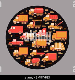 LKW-Industrie Rundkonzept mit verschiedenen Lkw-Typen in flacher Ausführung. Ikonensammlung für Nutzfahrzeuge im Kreis. Vektorbanner oder Kartenem Stock Vektor