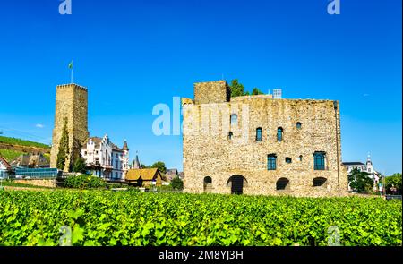 Boosenburg- und Bromserburger Schlösser in Ruedesheim am Rhein in der Rheinschlucht Stockfoto