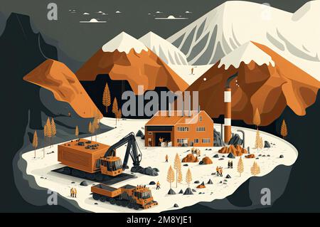 Illustrierende Darstellung eines laufenden Bergbaubetriebs zur Gewinnung von Seltenerdoxiden. Stockfoto