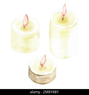 Handgezeichnete Aquarelle brennende Kerzen. Ein Teil der großen Holi-Illustrationen Stockfoto