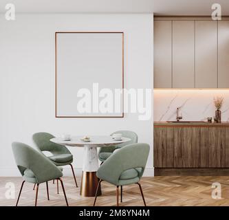 Inneneinrichtung im Esszimmer mit Küche. Skandinavische Inneneinrichtung mit grünen Stühlen, Holzküche, Schablone, 3D-Darstellung Stockfoto