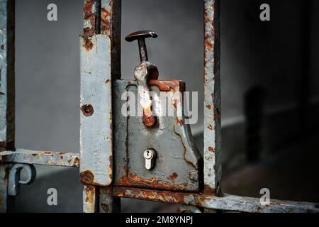 Nostalgisches rostfarbenes Türschloss mit einem modernen Schließzylinder auf einem Metallgitter, Kopierraum im dunklen Hintergrund, ausgewählter Fokus Stockfoto