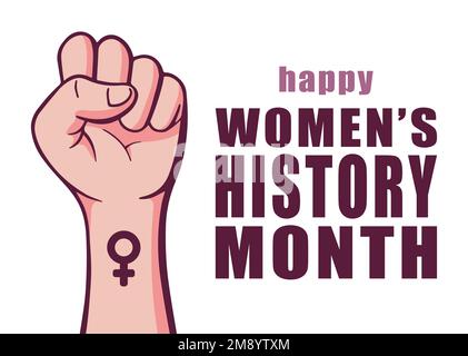 Vektorgrafik für das Banner „Geschichte der Damen“ für den Monat. Feministisches Poster für den märzfrauen-Geschichtsmonat mit Faustsymbol Doodle. Stock Vektor