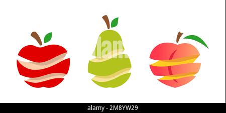 Fruchtschnitzer-Set. Apfel, Birne, Pfirsichscheiben. Gesunde Ernährung und Lifestyle-Konzept. Vitamine und Ballaststoffe. Sammlung geschälter Früchte. Organisch natürlich Stock Vektor