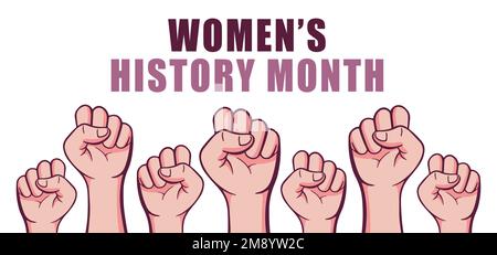 Vektorgrafik für das Banner „Geschichte der Damen“ für den Monat. Feministisches Poster für den märzfrauen-Geschichtsmonat mit Faustsymbol Doodle. Stock Vektor