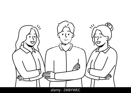 Portrait von lächelnden jungen Profis in Uniformen, die sich erfolgreich und selbstbewusst fühlen. Gruppe von Spezialisten oder Mitarbeitern in formeller Kleidung. Vektorgrafik. Stock Vektor