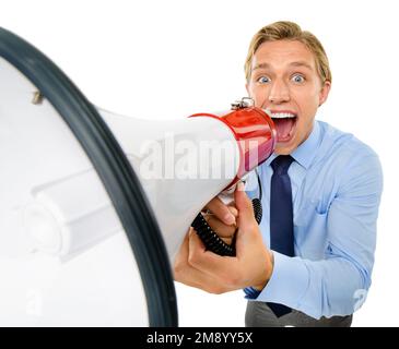 Du kannst mich jetzt auf keinen Fall hören. Ein gutaussehender junger Geschäftsmann, der allein im Studio steht und ein Megaphon benutzt. Stockfoto