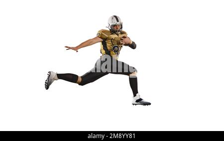 Ball halten und Rennen. Mann, american Football-Spieler in Bewegung, Training mit weißem Studiohintergrund. Sportbegriff, Wettkampf Stockfoto