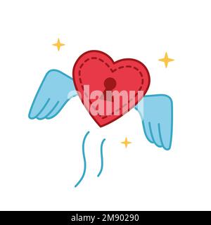 Rot leuchtender Herzverschluss mit Flügeln fliegt in der Luft. Liebe ist im Luftkonzept. Vektorillustration eines gebrochenen Herzens mit Flügeln. Valentinstag-Ikone im Doodle-Stil. Handgezeichnete Abbildung. Stock Vektor