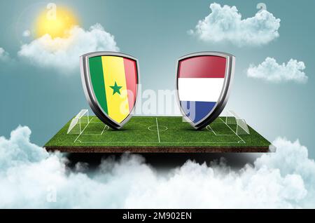 3D Schilderflaggen Senegals und der Niederlande auf einem Fußballfeld. Fußballkonzept. Stockfoto