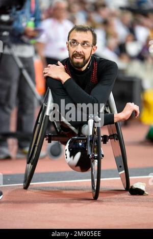 Brent Lakatos aus Kanada nach einem Rollstuhlrennen bei der World para Athletics Championships 2017 im Olympiastadion, London, Großbritannien. Rollstuhlsportler Stockfoto