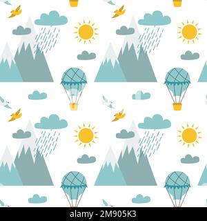 Nahtloses Muster mit Heißluftballon, der am Himmel auf weißem Hintergrund fliegt Stock Vektor