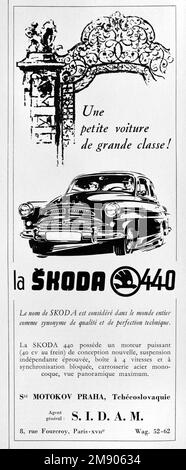 Klassische oder alte Werbung, Werbung, Publicity oder Illustration für Skoda 440 Limousinenwerbung 1956. Der Skoda 440, auch bekannt als 440 Spartak, wurde von AZNP in der Tschechoslowakei zwischen 1955 und 1959 hergestellt. Stockfoto