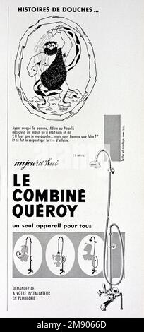 Vintage- oder Alte Werbung, Werbung, Publicity oder Illustration für 1950er Kombi-Dusche „Queroy“ 1956. Dargestellt mit einem Bild eines prähistorischen Mannes oder eines frühen Mannes, der eine Schlange als Wasserrohr verwendet Stockfoto