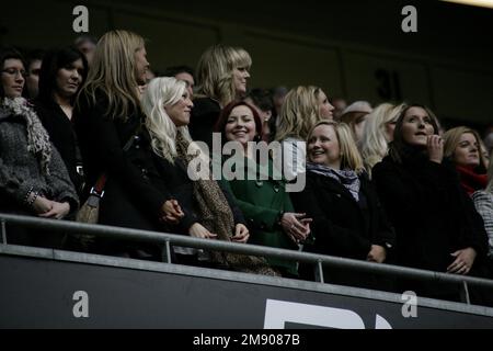 CHARLOTTE CHURCH, WALES RUGBY MATCH, 2008: Wales gegen Italien im Millennium Stadium in Cardiff am 23. Februar 2008. Foto: ROB WATKINS 2007 Pictured: Die 22-jährige Charlotte Church unterstützt ihren Freund Gavin Henson unter den anderen walisischen Rugby Wags in der Menge. Wales gewann in dieser Saison den Grand Slam. Stockfoto