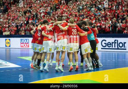 Malmö, Schweden. 15. Januar 2023. Die dänischen Spieler feiern in der Malmö Arena in Malmö den Sieg nach dem Spiel der IHF-Handballweltmeisterschaft 2023 zwischen Dänemark und Bahrain. (Foto: Gonzales Photo/Alamy Live News Stockfoto