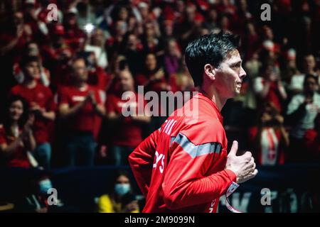 Malmö, Schweden. 15. Januar 2023. Hans Lindberg (18) aus Dänemark tritt in der Malmö Arena in Malmö für das IHF-Handballweltmeisterschaftsspiel 2023 zwischen Dänemark und Bahrain auf. (Foto: Gonzales Photo/Alamy Live News Stockfoto