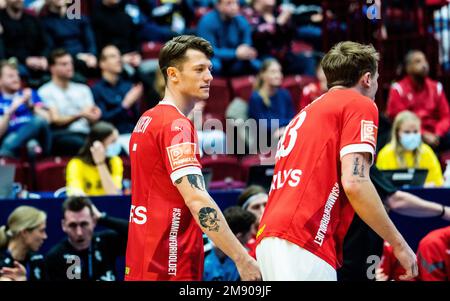 Malmö, Schweden. 15. Januar 2023. Emil Jakobsen (7) aus Dänemark, gesehen während des IHF-Handballweltmeisterschaftsspiels 2023 zwischen Dänemark und Bahrain in der Malmö Arena in Malmö. (Foto: Gonzales Photo/Alamy Live News Stockfoto