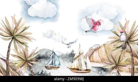 Tropen, Lagunenlandschaft in Aquarellfarben. Sommer, Palmen und Yachten, Segelboote Stockfoto