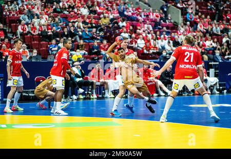 Malmö, Schweden. 15. Januar 2023. Mohamed Mohamed (95) aus Bahrain, gesehen während des IHF-Handballweltmeisterschaftsspiels 2023 zwischen Dänemark und Bahrain in der Malmö Arena in Malmö. (Foto: Gonzales Photo/Alamy Live News Stockfoto