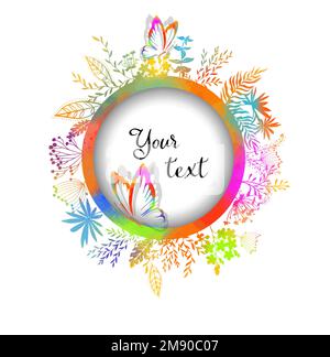 Runder Rahmen für Text mit farbigen Blumen und Gras. Platz für Ihre SMS. Vektordarstellung Stock Vektor