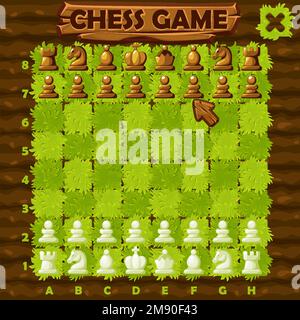 Schachspiel-UI, Schachbrett im Bauernstil und Set-Schachfiguren für 2D Spiel Stock Vektor