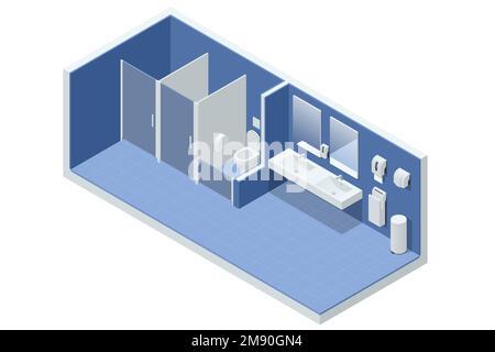 Isometrisch Sauberer Innenbereich Der Öffentlichen Toiletten. Toilette mit Kabinen und Waschbecken leeres wc WC innen mit geschlossenen und offenen Kabinen Stock Vektor