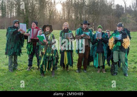 Wassailing-Veranstaltung im Weald and Downland Living Museum, Januar 2023, West Sussex, England, Großbritannien Stockfoto