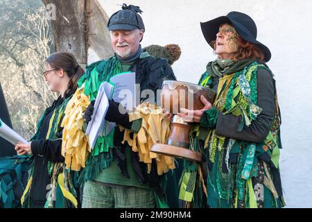 Wassailing-Veranstaltung im Weald and Downland Living Museum, Januar 2023, West Sussex, England, Großbritannien Stockfoto