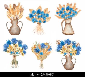 Aquarell Wildflower Clipart, Kräuter Blumenstrauß Clip Art, Herbarium in Vase, Meadow Blume DIY, Blütenstrauß, Hochzeitseinladung Stockfoto