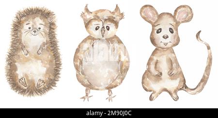 Wasserfarben handgezeichnete Babytiere Clipart. Waldtiere Illustration, Waldhündchen, kleine Maus, Eulen Clip Art, Kinder Wandbild, Babyparty, birt Stockfoto