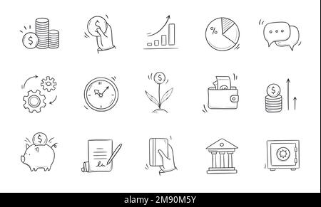 Symbol für Business Doodle. Finanzen, Geld, Investitionen handgezeichnete Skizzensymbole. Geld, Münzen, Finanzsymbol Comic-Sammlung. Vektordarstellung Stock Vektor