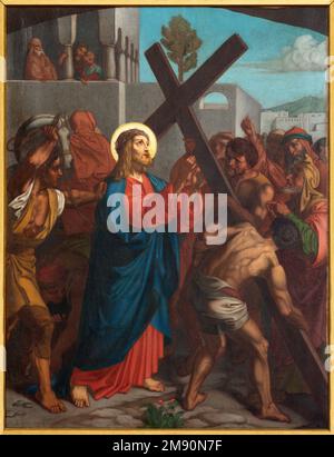 LUZERN, SCHWEIZ - JUNY 24, 2022: Das Gemälde Jesus trägt sein Kreuz als Teil der Kreuzbahnstationen in der Kirche Franziskanerkirche Stockfoto