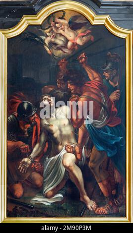 LUZERN, SCHWEIZ - JUNY 24, 2022: Das Gemälde des Märtyrertums von St. Sebastian in der Kirche Franziskanerkirche von Autor I. B. Initialen (1790). Stockfoto