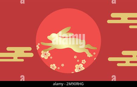 Frohes Mondneujahrsbanner mit goldenem Kaninchen. Hasen-Silhouette mit Mond im Hintergrund, dekorative Blüten und Wolken. Stock Vektor