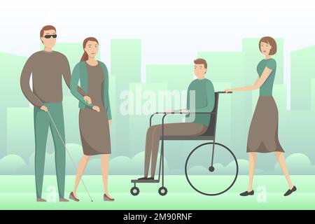 Person mit Behinderung und Person mit Blindheit, die mit ihren Helfern geht. Vektordarstellung. Stock Vektor