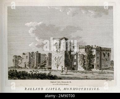 Raglan Castle (Walisisch: Castell Rhaglan) ist eine spätmittelalterliche Burg nördlich des Dorfes Raglan in der Grafschaft Monmouthshire im Südosten von Wales. Aus dem Buch " Supplement to the Antiquities of England and Wales " von Francis Grose, Publikationsdatum 1777 Stockfoto