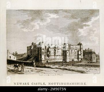 Newark Castle Nottinghamshire Newark Castle in Newark-on-Trent im englischen Bezirk Nottinghamshire wurde Mitte des 12. Jahrhunderts von Alexander, Bischof von Lincoln, gegründet. Ursprünglich ein Holzschloss, wurde es gegen Ende des Jahrhunderts in Stein umgebaut. Die Burg wurde im 17. Jahrhundert infolge des Englischen Bürgerkriegs verkleinert (abgerissen) und im 19. Jahrhundert restauriert, zuerst von Anthony Salvin in den 1840er Jahren und dann von der Firma Newark, die die Stätte 1889 kaufte. Aus dem Buch " Supplement to the Antiquities of England and Wales " von Francis Grose, Publikationsdatum 1777 Stockfoto