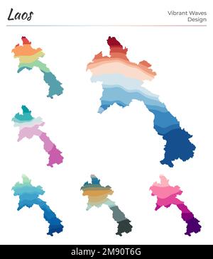 Set von Vektorkarten von Laos. Lebendiges Wellendesign. Helle Landkarte im geometrischen, glatten Kurvenstil. Mehrfarbige Laos Karte für dein Design. Stock Vektor