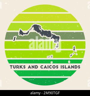 Turks- und Caicosinseln-Logo. Schild mit der Karte der Insel und farbigen Streifen, Vektor-Illustration. Stock Vektor