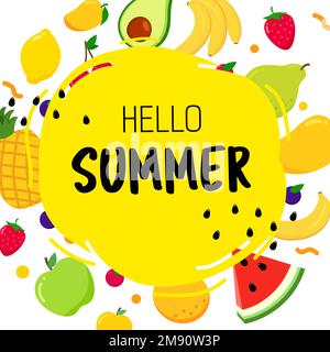 Heller Sommerhintergrund mit Früchten. Hallo Sommer. Stock Vektor