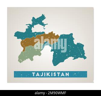 Tadschikistan-Karte. Länderposter mit Regionen. Alte Grunge-Textur. Form Tadschikistans mit Ländernamen. Künstlerische Vektordarstellung. Stock Vektor